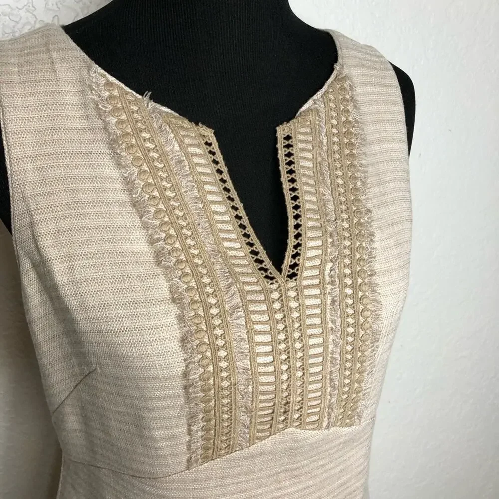 WHBM tan cream fringe trim linen blend sleeveless sheath dress size 8